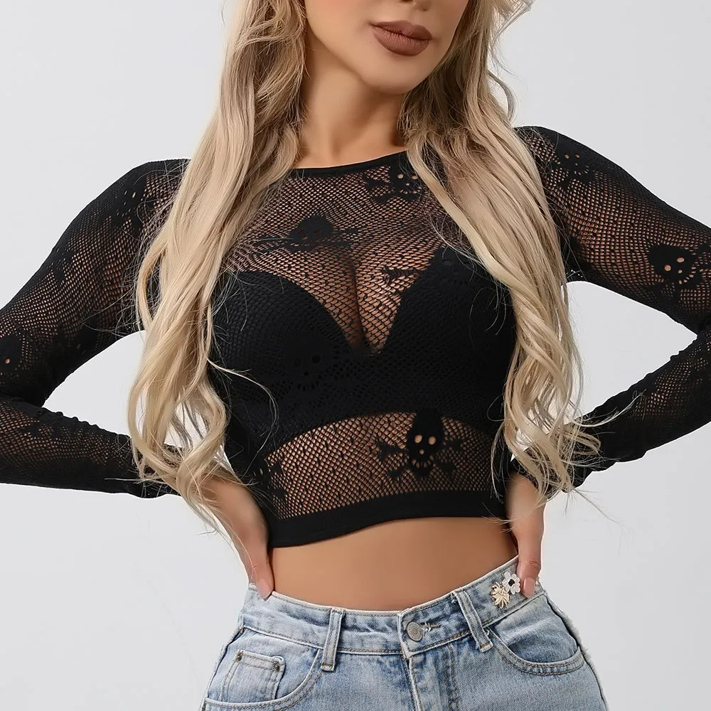 Buitifo Women Sexy Crop Top Fishnet Lingerie Skull Cosplay Tee Shirt Blouse Exotic Beach Cover Up