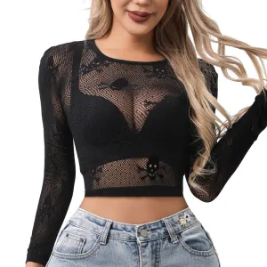 Buitifo Women Sexy Crop Top Fishnet Lingerie Skull Cosplay Tee Shirt Blouse Exotic Beach Cover Up