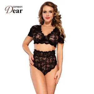 Comeondear Lace Bra Set Transparent 5XL Underwear Women Sexy Set Plus Size Full Bra And Panty High Waist Lingerie Porno RB80760