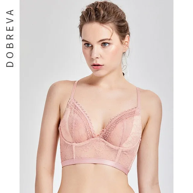 DOBREVA Women's Lace Bralette Non-Padded X-Back Underwired Longline Plunge Bra