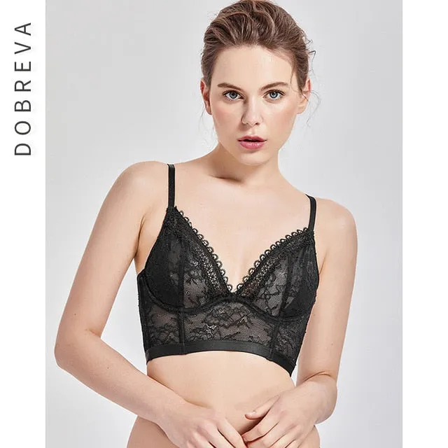 DOBREVA Women's Lace Bralette Non-Padded X-Back Underwired Longline Plunge Bra