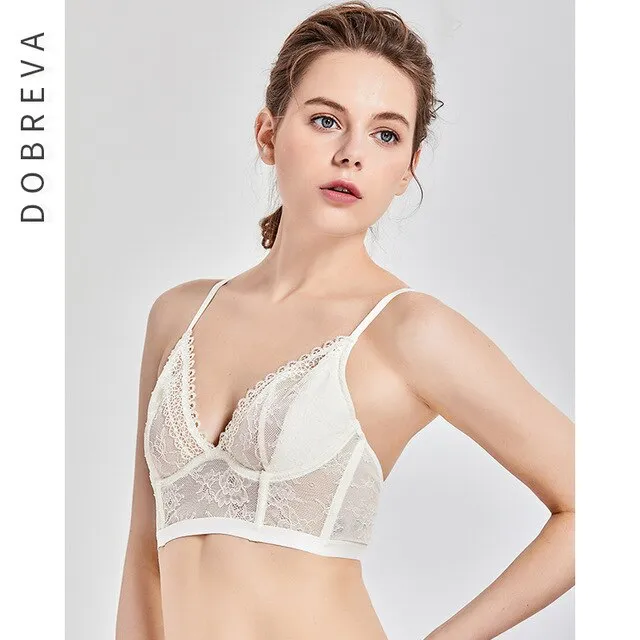 DOBREVA Women's Lace Bralette Non-Padded X-Back Underwired Longline Plunge Bra