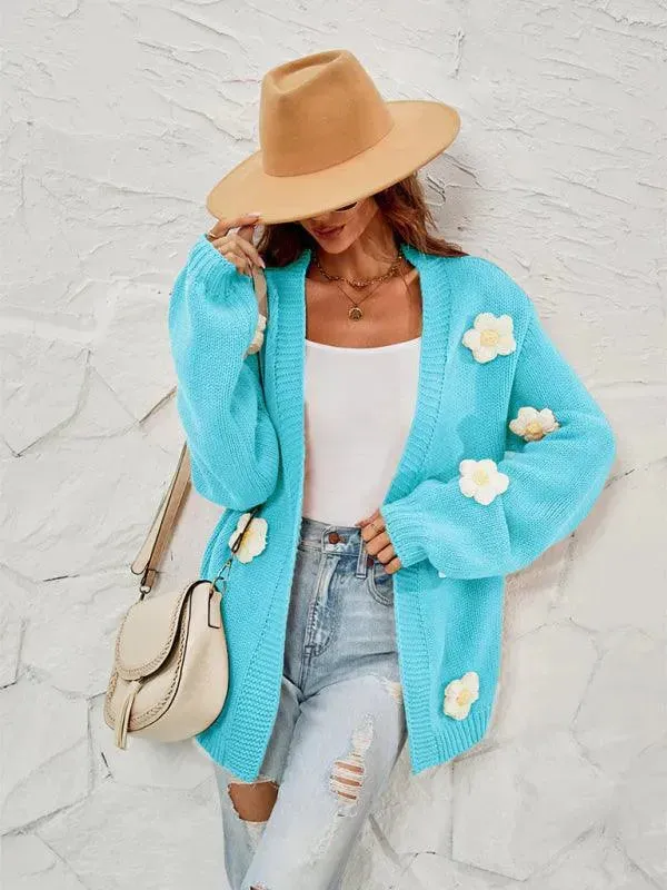 Floral Lantern Sleeves Cardigan Sweater
