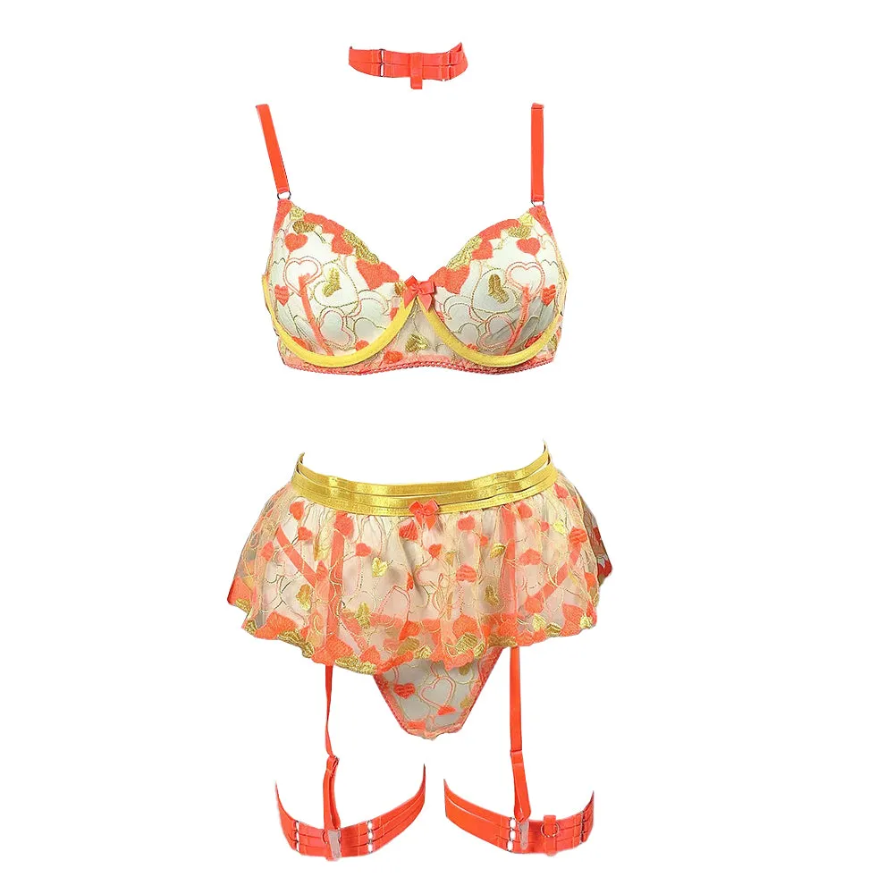 Heart Embroidered Garter Set Colorful Ruffle Bra Set with Garter Belt Lingerie