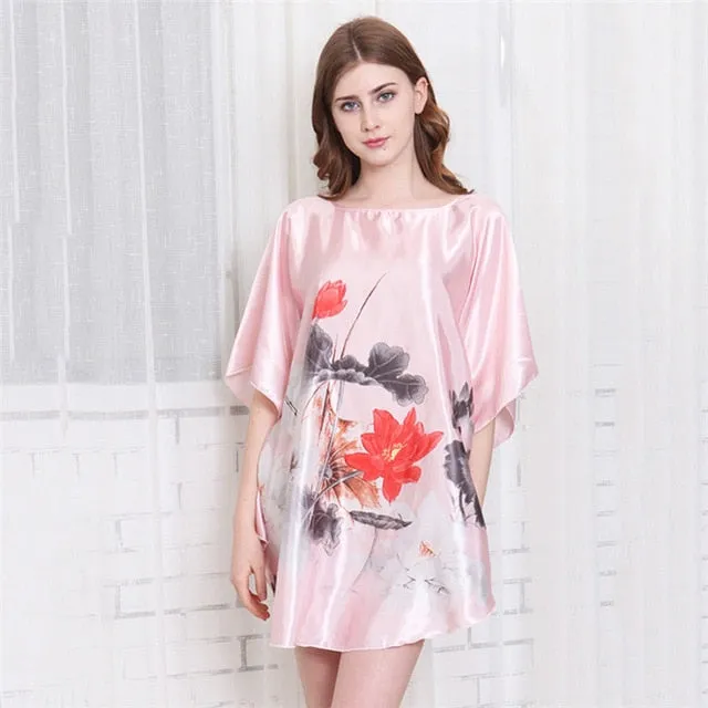 New Red Women Sexy Satin Nightwear Nightgown Plus Size Loose Kaftan Bath Gown Nightdress Summer Sleepwear Wedding Night Dress