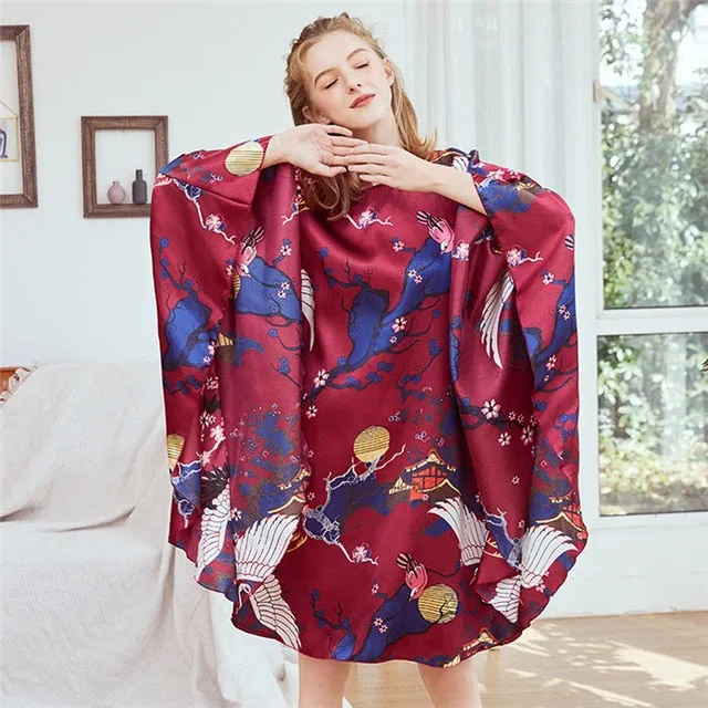 New Red Women Sexy Satin Nightwear Nightgown Plus Size Loose Kaftan Bath Gown Nightdress Summer Sleepwear Wedding Night Dress