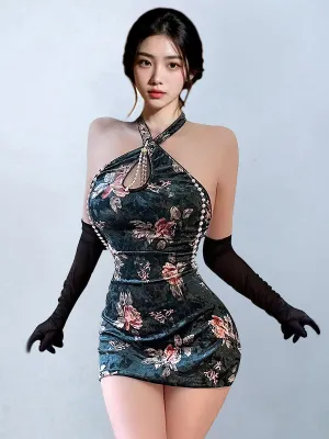 Plus Size Velvet Floral Cheongsam Dress