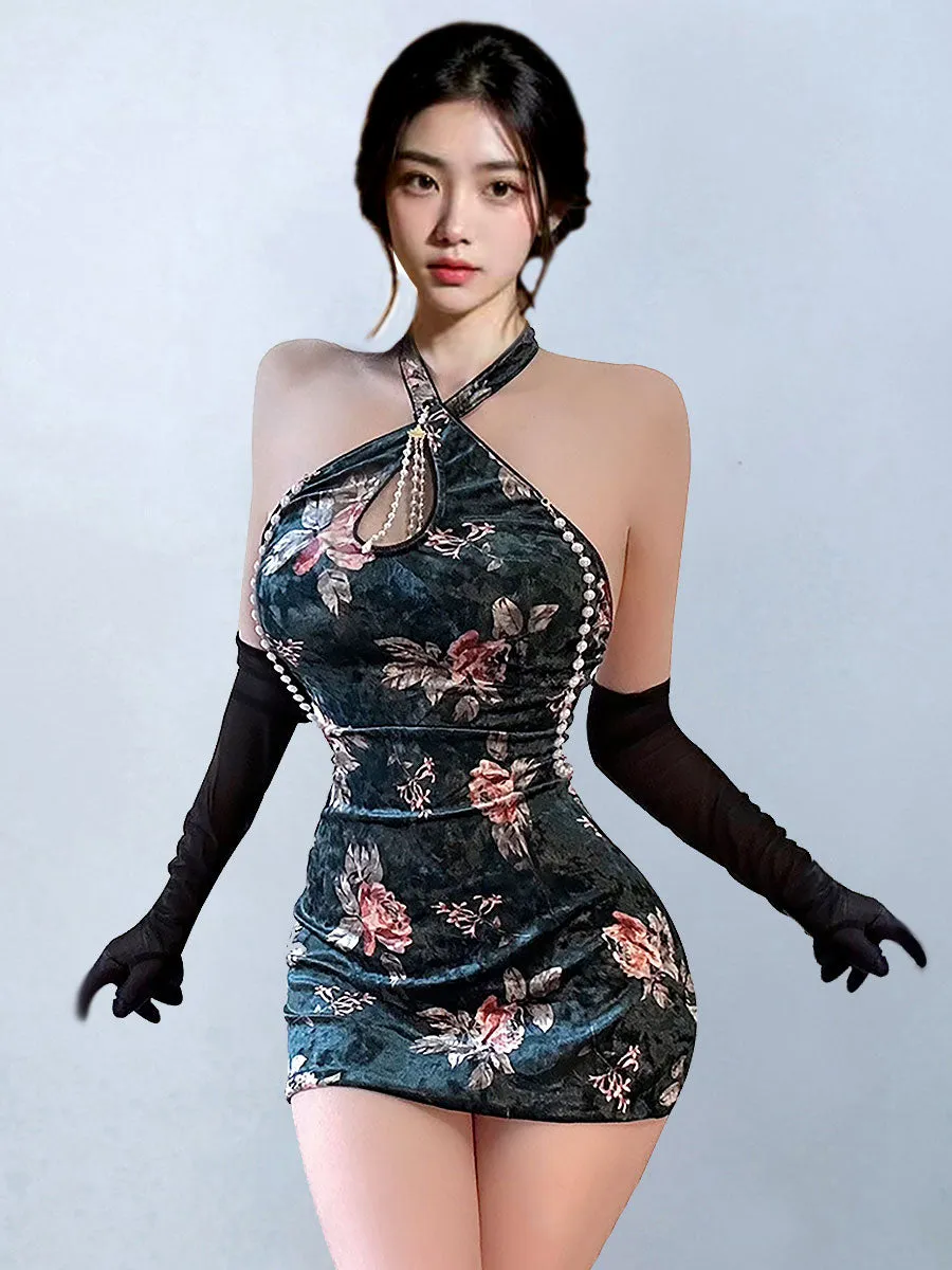 Plus Size Velvet Floral Cheongsam Dress