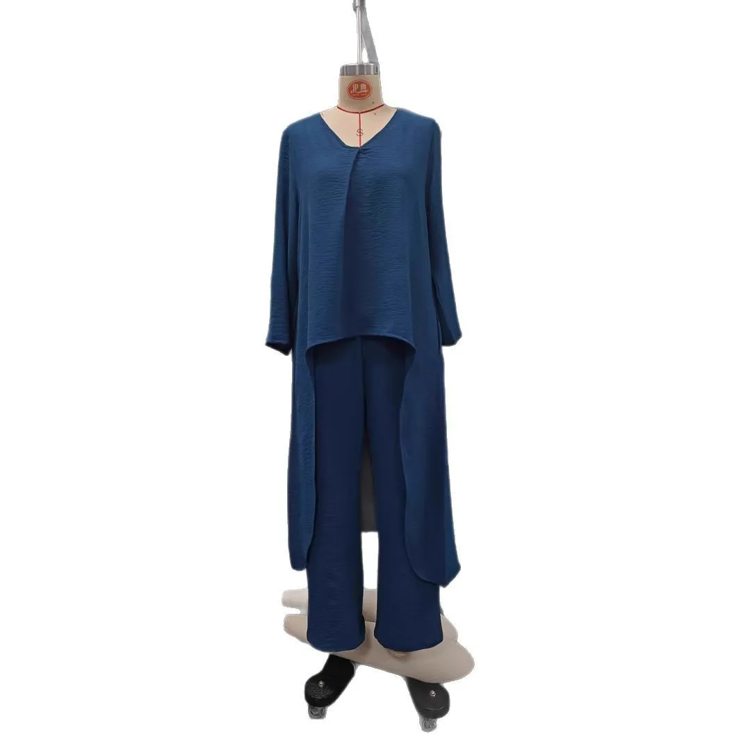 Pocket V-neck 2-piece Set Solid Color Loose