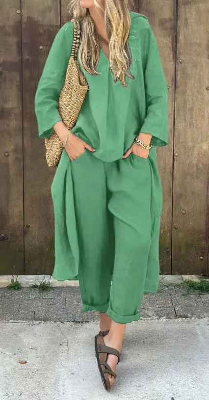 Pocket V-neck 2-piece Set Solid Color Loose