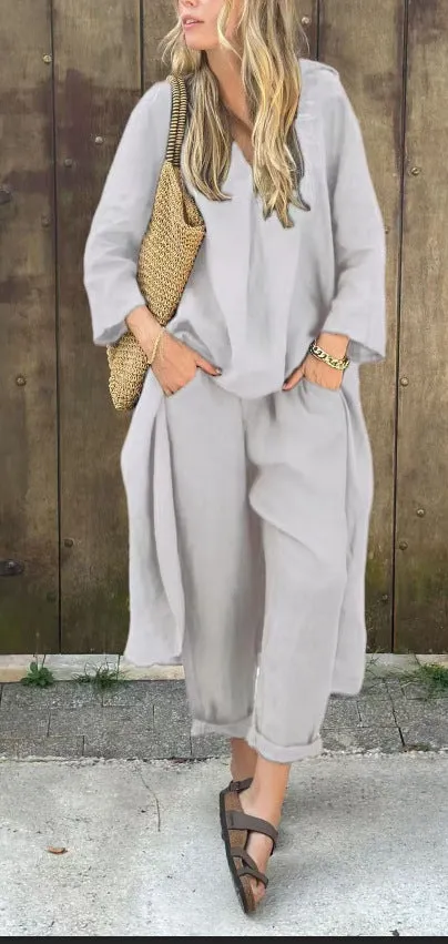 Pocket V-neck 2-piece Set Solid Color Loose