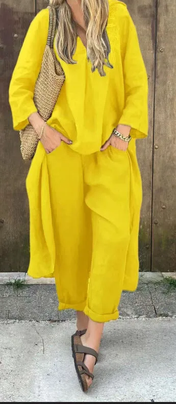 Pocket V-neck 2-piece Set Solid Color Loose