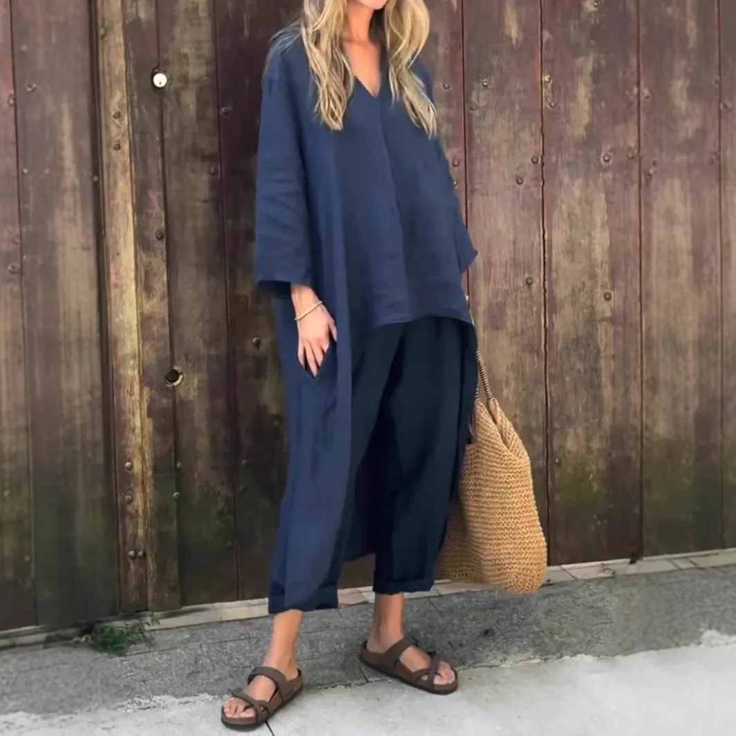 Pocket V-neck 2-piece Set Solid Color Loose