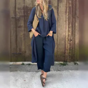 Pocket V-neck 2-piece Set Solid Color Loose