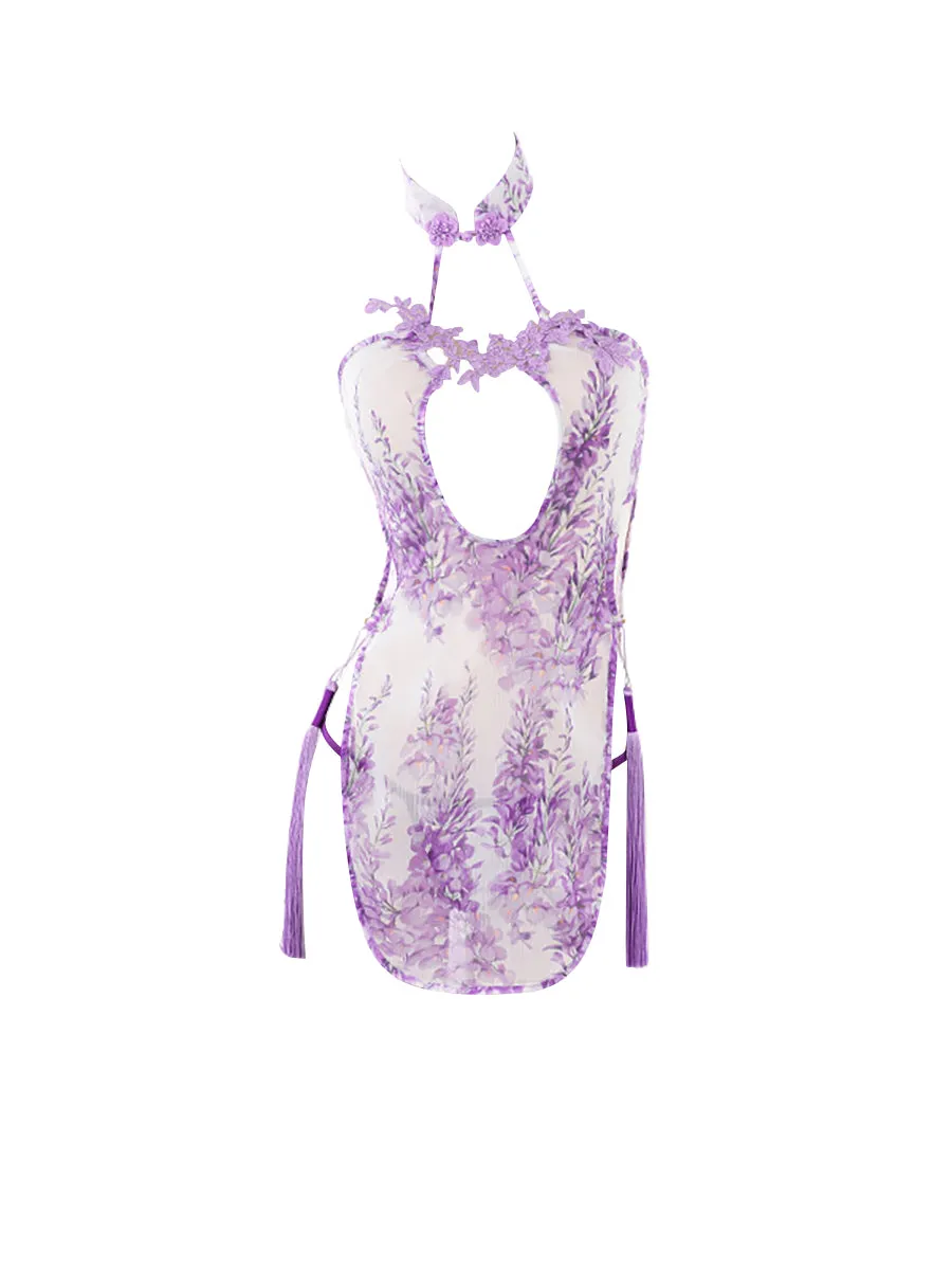 Purple Chiffon Floral Cheongsam Dress