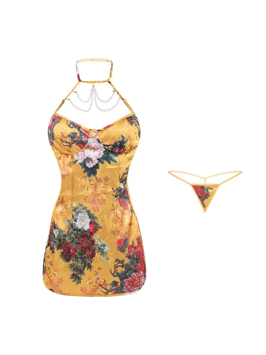 Satin Yellow Floral Chinese Style Dress