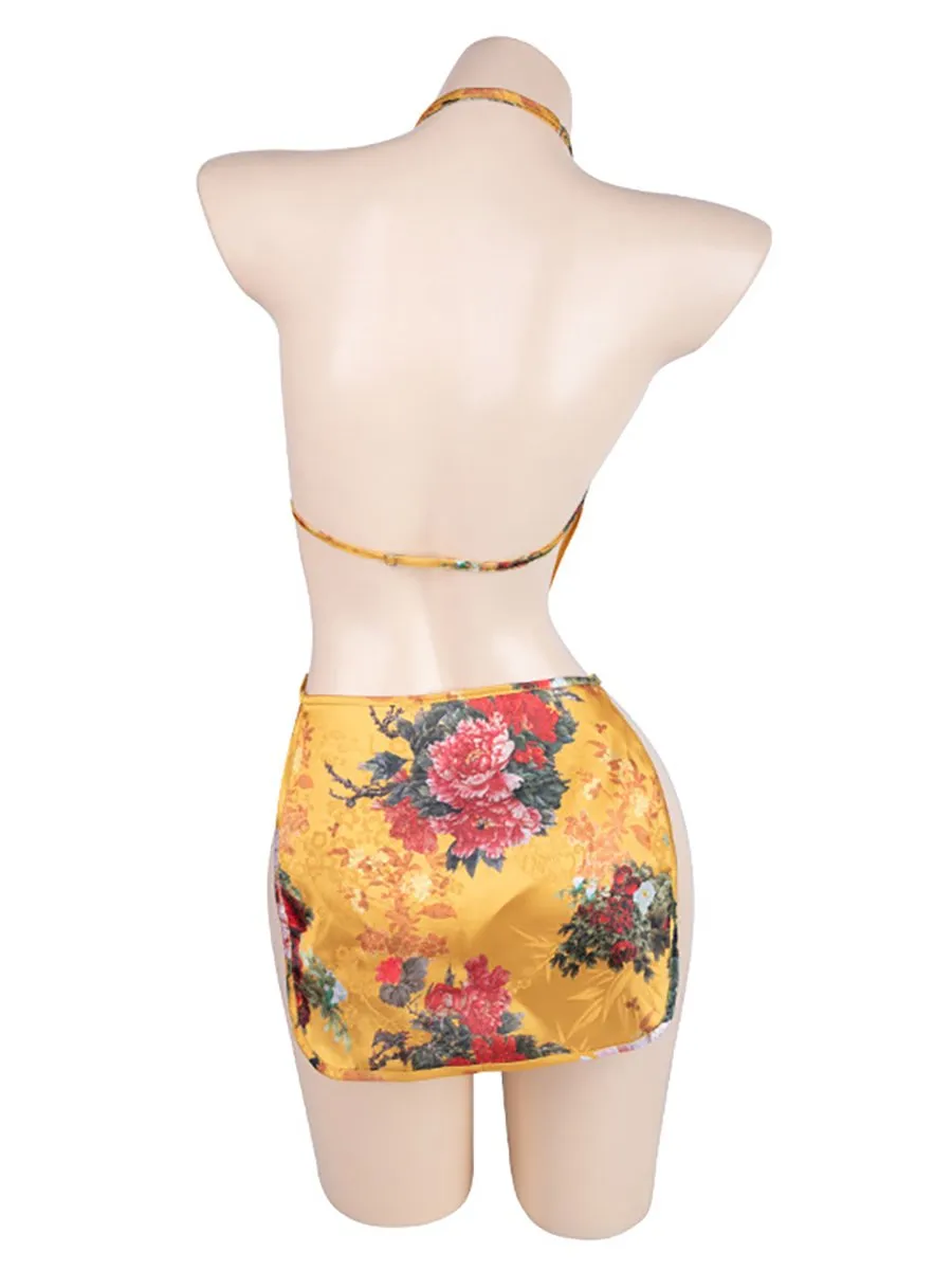 Satin Yellow Floral Chinese Style Dress