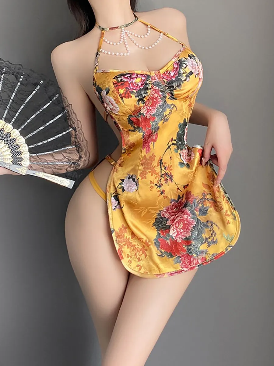 Satin Yellow Floral Chinese Style Dress