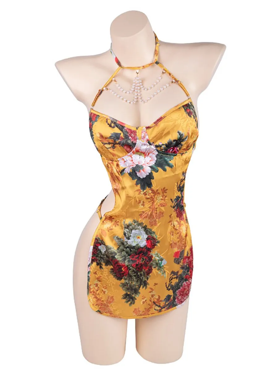 Satin Yellow Floral Chinese Style Dress