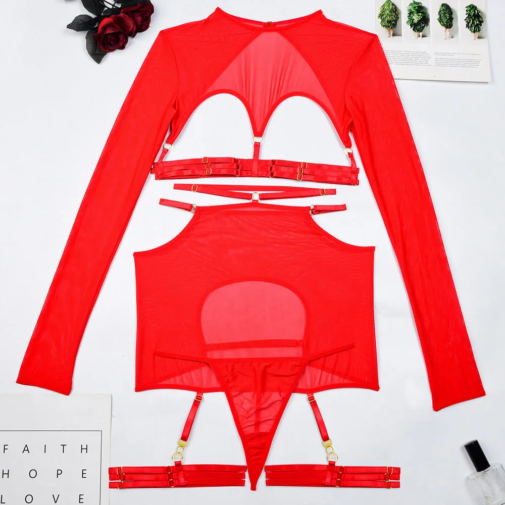 Seductive Strappy Cupless Mini Outfit Set Cupless Crop Top and Open Hips Mini Skirt