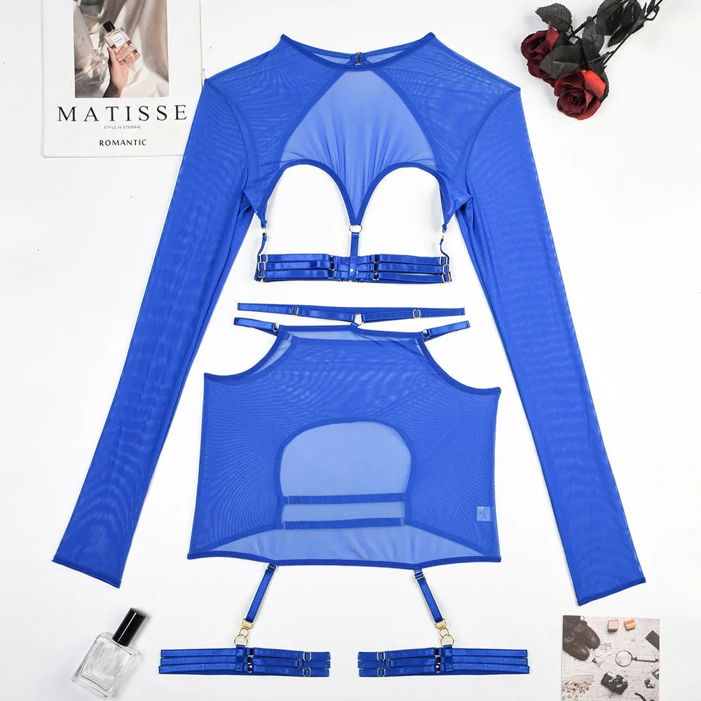 Seductive Strappy Cupless Mini Outfit Set Cupless Crop Top and Open Hips Mini Skirt