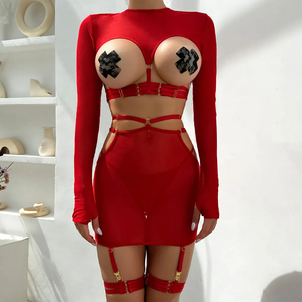 Seductive Strappy Cupless Mini Outfit Set Cupless Crop Top and Open Hips Mini Skirt