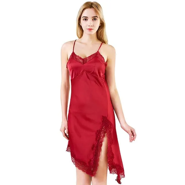 Sexy babydolls robe Irregular Hem Women Lingerie Fashion Lace Nightdress Satin Nightwear Silk Slip Sleepwear Chemises  #1225