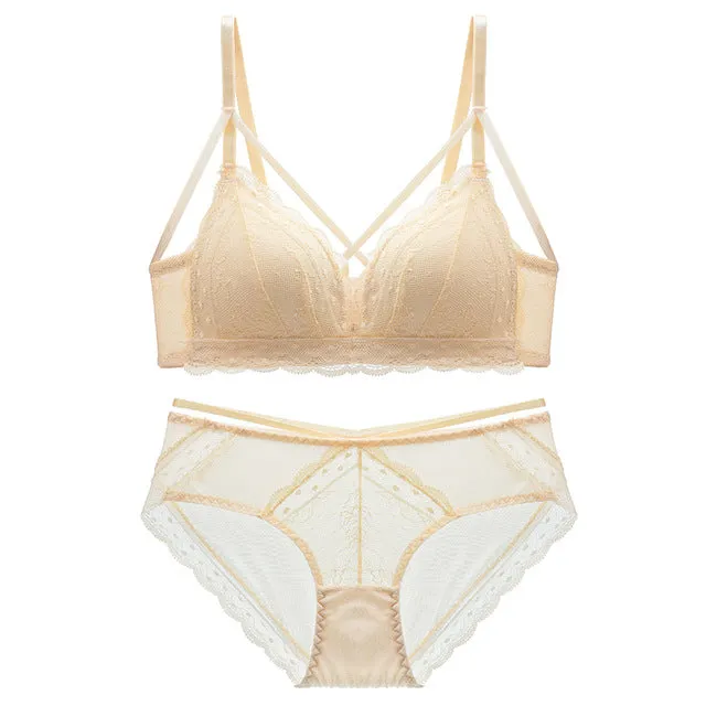Sexy Lace Bra Set Women Push Up Bra Lingerie Set Ultra-thin Panties Wire Free Bralette Soft Brassiere Underwear Set #D