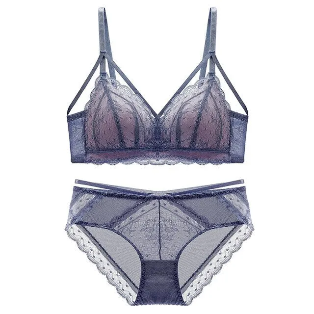 Sexy Lace Bra Set Women Push Up Bra Lingerie Set Ultra-thin Panties Wire Free Bralette Soft Brassiere Underwear Set #D