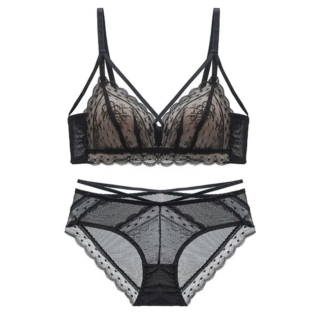 Sexy Lace Bra Set Women Push Up Bra Lingerie Set Ultra-thin Panties Wire Free Bralette Soft Brassiere Underwear Set #D