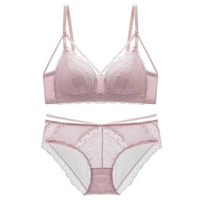 Sexy Lace Bra Set Women Push Up Bra Lingerie Set Ultra-thin Panties Wire Free Bralette Soft Brassiere Underwear Set #D