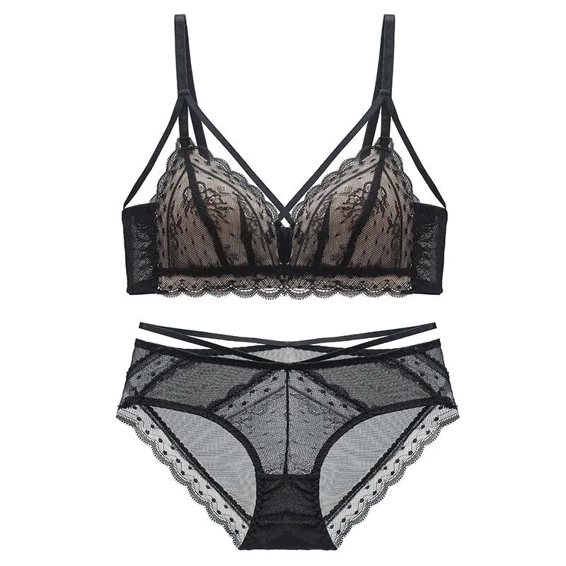 Sexy Lace Bra Set Women Push Up Bra Lingerie Set Ultra-thin Panties Wire Free Bralette Soft Brassiere Underwear Set #D