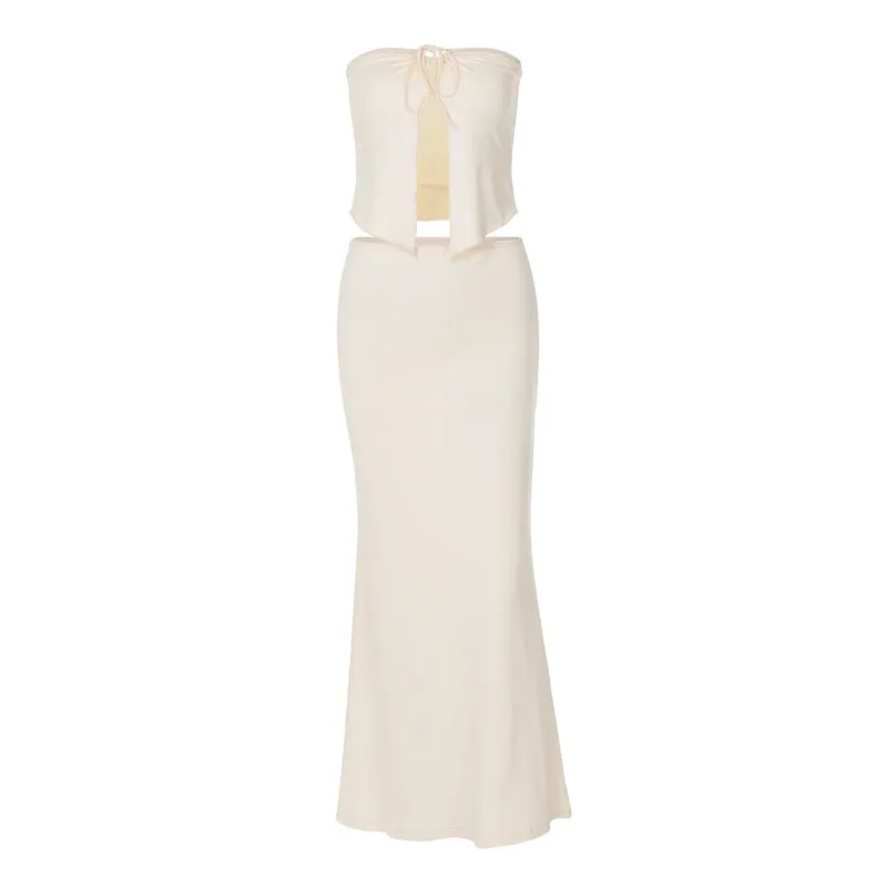 Sexy Patchwork Chest Wrap Midriff-baring Top Slim Skirt Suit