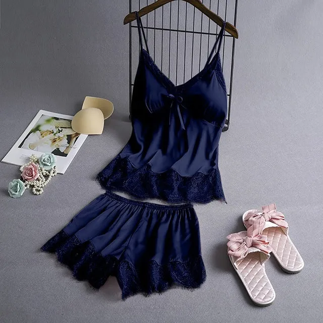 Spring Sleeveless Sleepwear Set Negligee Set Sexy Satin Sleepwear Women Flower Silk Padded Lingerie Sets Female