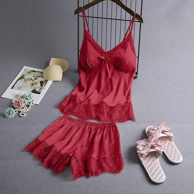 Spring Sleeveless Sleepwear Set Negligee Set Sexy Satin Sleepwear Women Flower Silk Padded Lingerie Sets Female