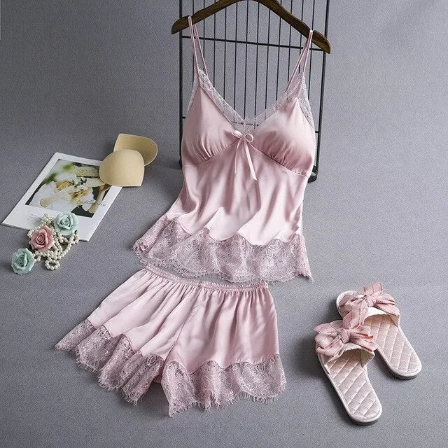 Spring Sleeveless Sleepwear Set Negligee Set Sexy Satin Sleepwear Women Flower Silk Padded Lingerie Sets Female