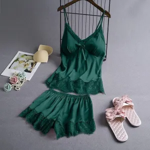 Spring Sleeveless Sleepwear Set Negligee Set Sexy Satin Sleepwear Women Flower Silk Padded Lingerie Sets Female