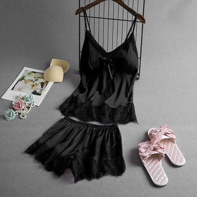 Spring Sleeveless Sleepwear Set Negligee Set Sexy Satin Sleepwear Women Flower Silk Padded Lingerie Sets Female
