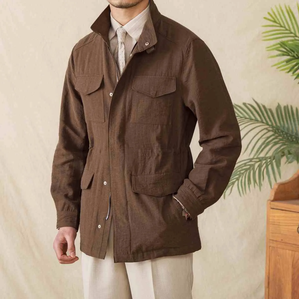 Stand Collar Jacket Linen Blended Breathable Gentry Safari Jacket Coat