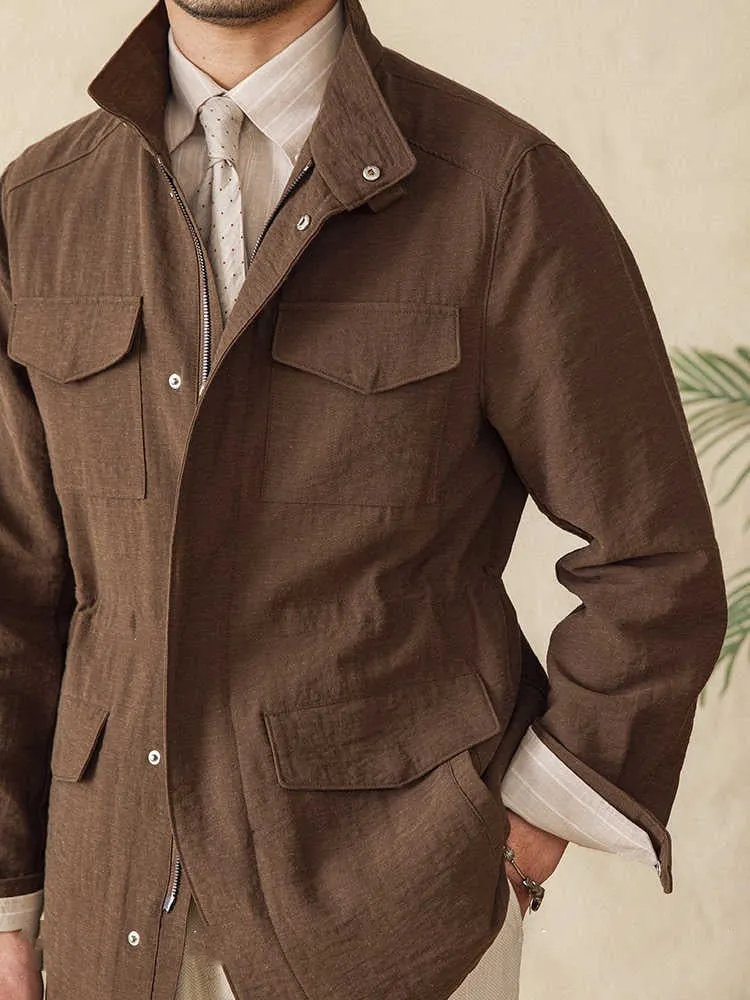 Stand Collar Jacket Linen Blended Breathable Gentry Safari Jacket Coat