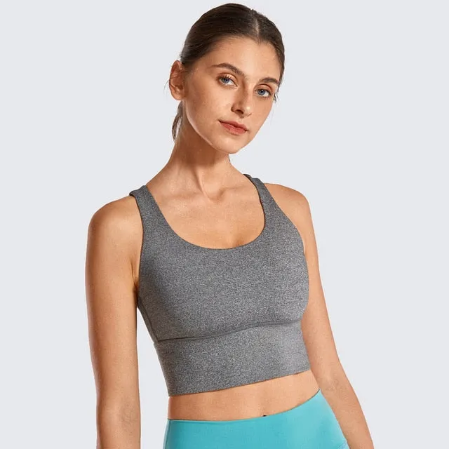 SYROKAN Women's Medium Support Strappy Back Wirefree Removable Cups Longline Yoga Sports Bra