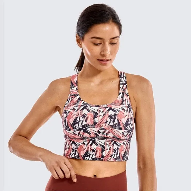 SYROKAN Women's Medium Support Strappy Back Wirefree Removable Cups Longline Yoga Sports Bra