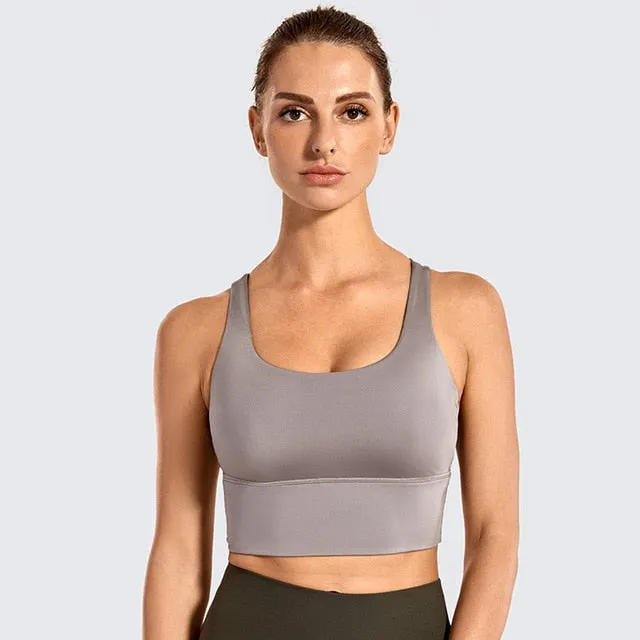 SYROKAN Women's Medium Support Strappy Back Wirefree Removable Cups Longline Yoga Sports Bra