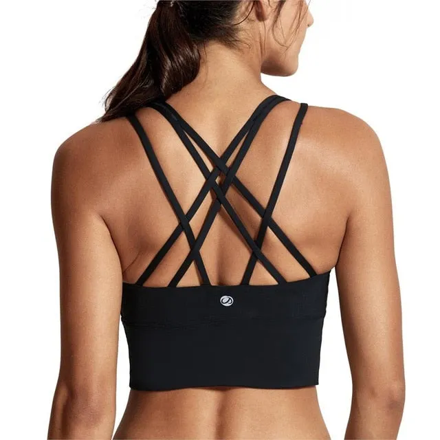 SYROKAN Women's Medium Support Strappy Back Wirefree Removable Cups Longline Yoga Sports Bra