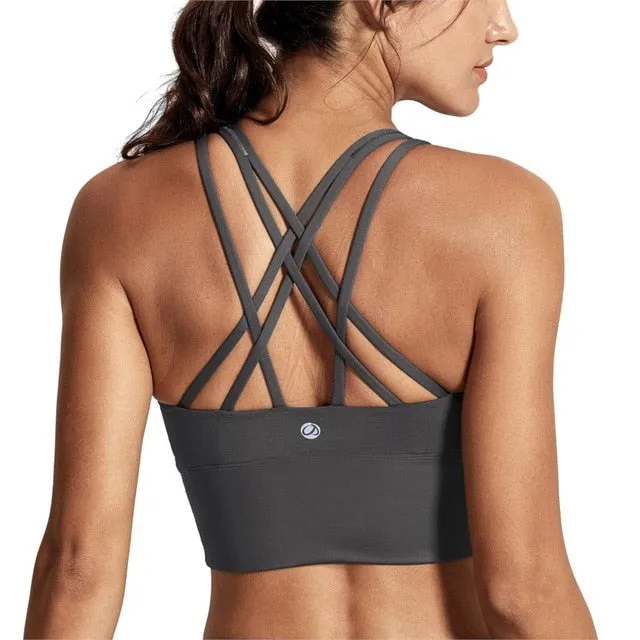 SYROKAN Women's Medium Support Strappy Back Wirefree Removable Cups Longline Yoga Sports Bra