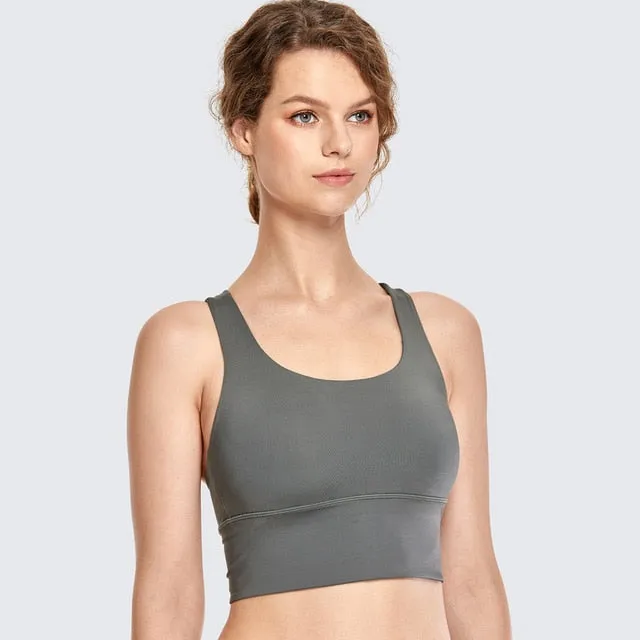 SYROKAN Women's Medium Support Strappy Back Wirefree Removable Cups Longline Yoga Sports Bra