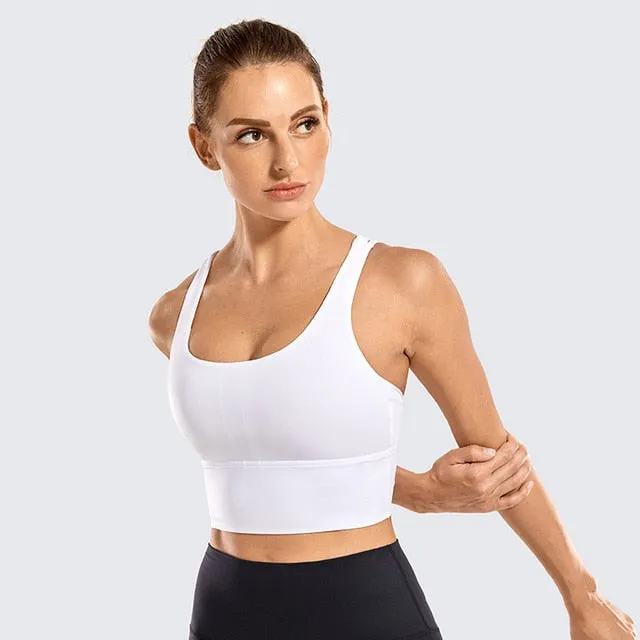 SYROKAN Women's Medium Support Strappy Back Wirefree Removable Cups Longline Yoga Sports Bra