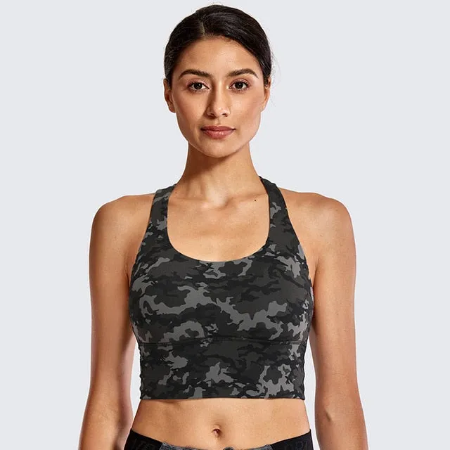 SYROKAN Women's Medium Support Strappy Back Wirefree Removable Cups Longline Yoga Sports Bra
