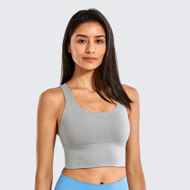 SYROKAN Women's Medium Support Strappy Back Wirefree Removable Cups Longline Yoga Sports Bra