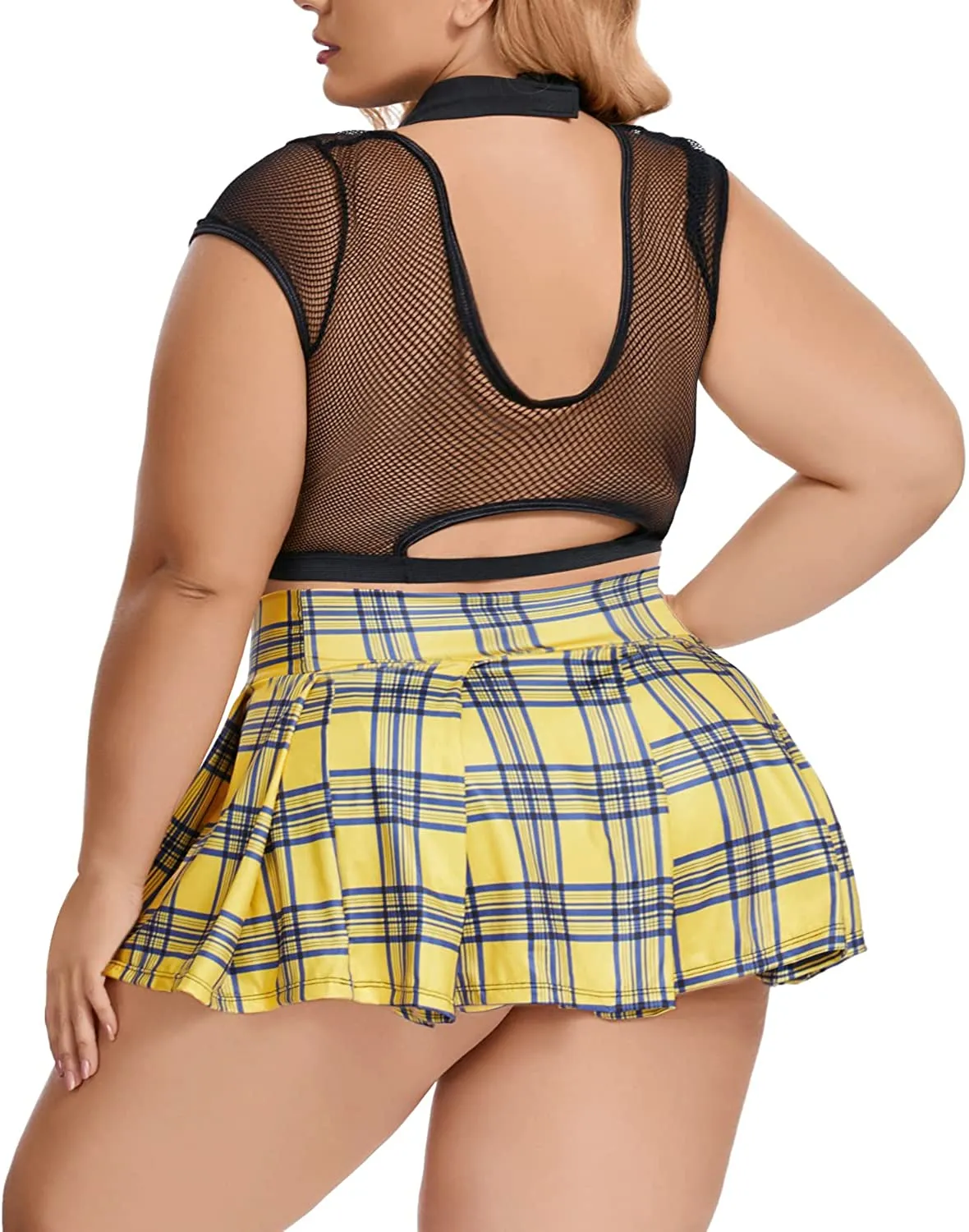 Women Plus Size Scoolgirl Lingerie Set. Roleplay Outfit Uniform Fishnet Crop Top Plaid Necktie Mini Skirt 3 Pieces Costumes